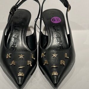 Karl Lagerfeld Black Slingbacks with 2.5” Heels and Goldtone KARL Studs on front